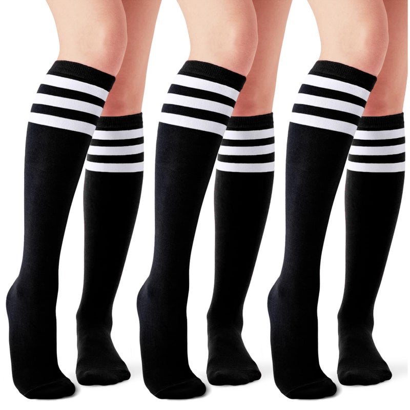 Joulli Women's Knee High Athletic Socks Stripe Tube Outdoor Sport Socks 3 Pairs, Black - Image 1